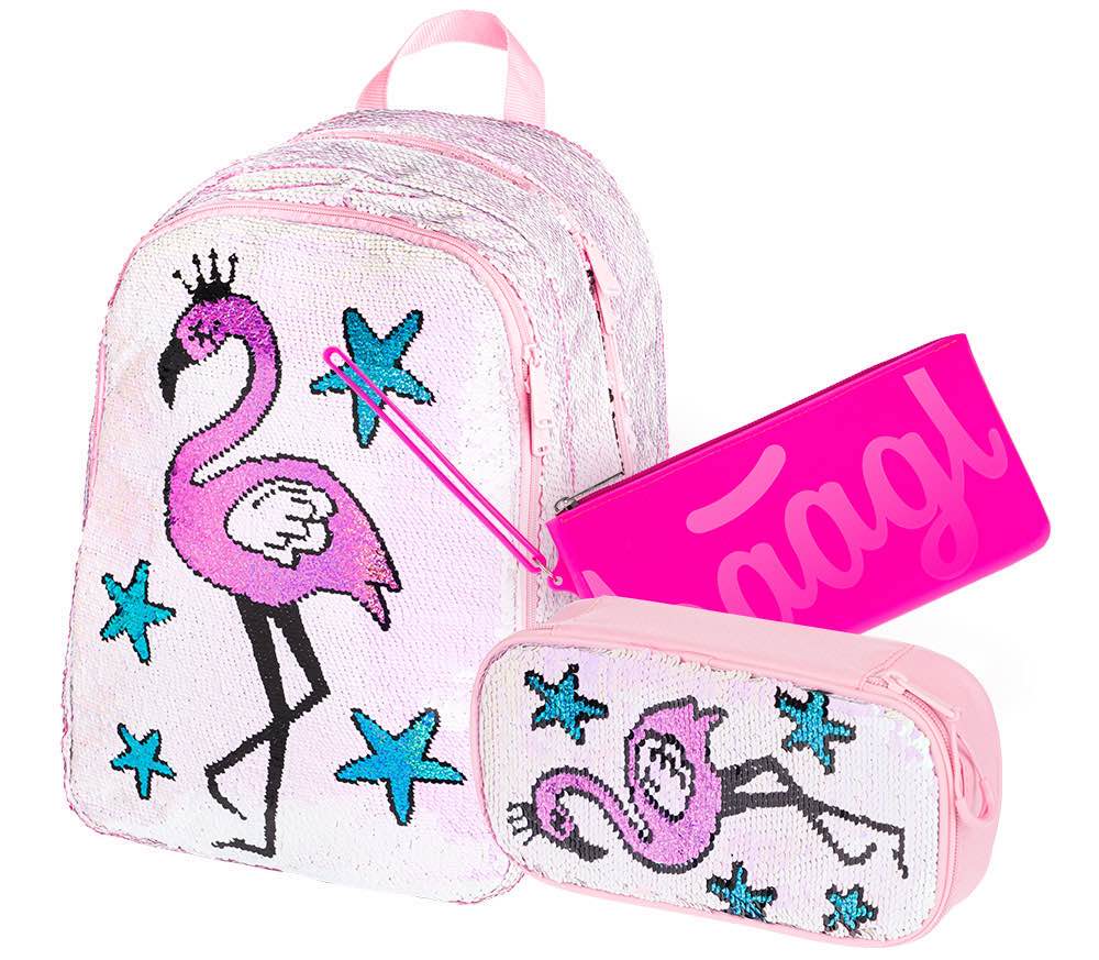 Fun Flamingo Rucksack-Set 3tlg: Rucksack, Federmäppchen, Silikon-Etui