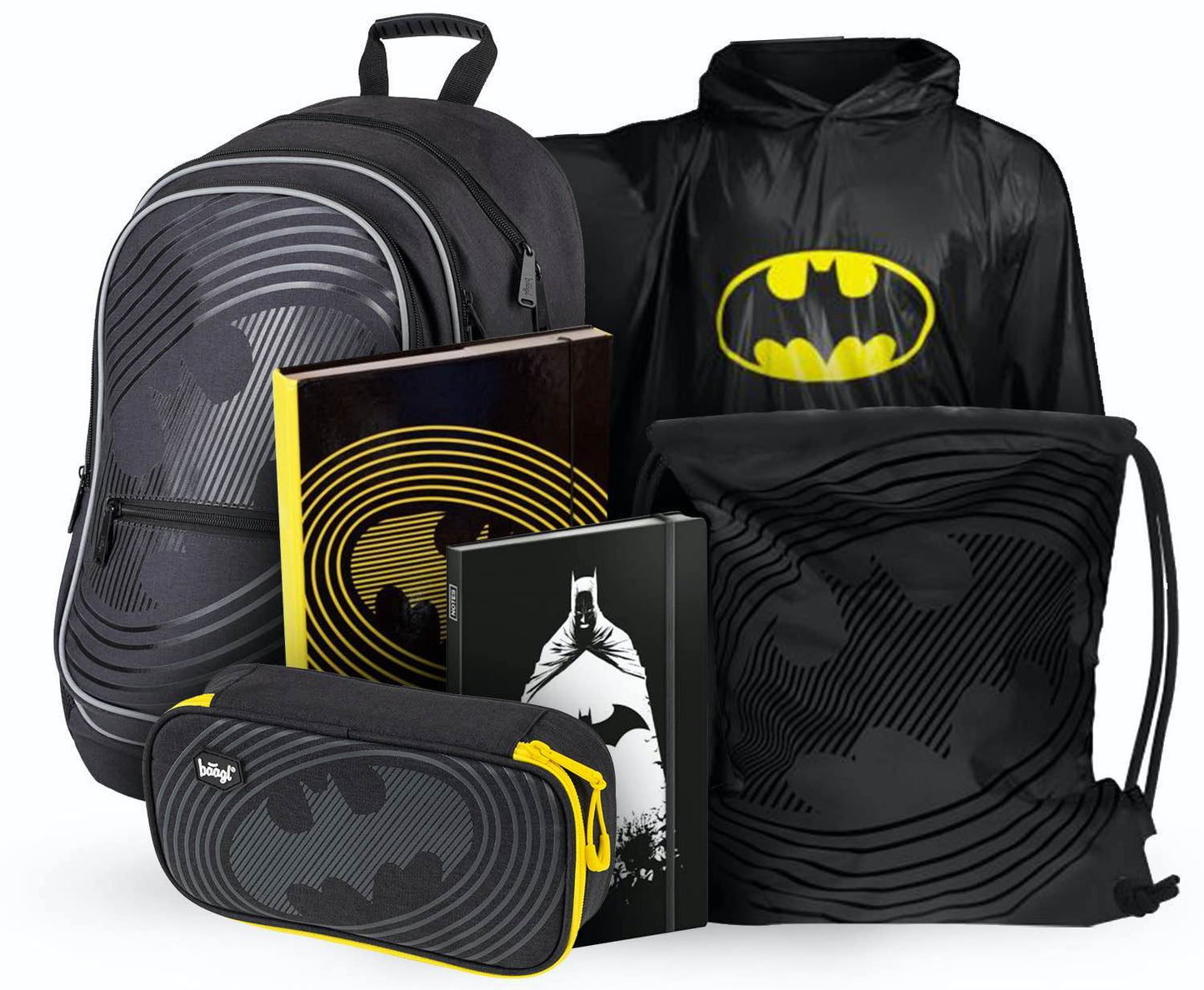 Batman Rucksack-Set 6tlg: Rucksack, Etui, Turnbeutel, Notizbuch, Regenjacke, Heftmappe