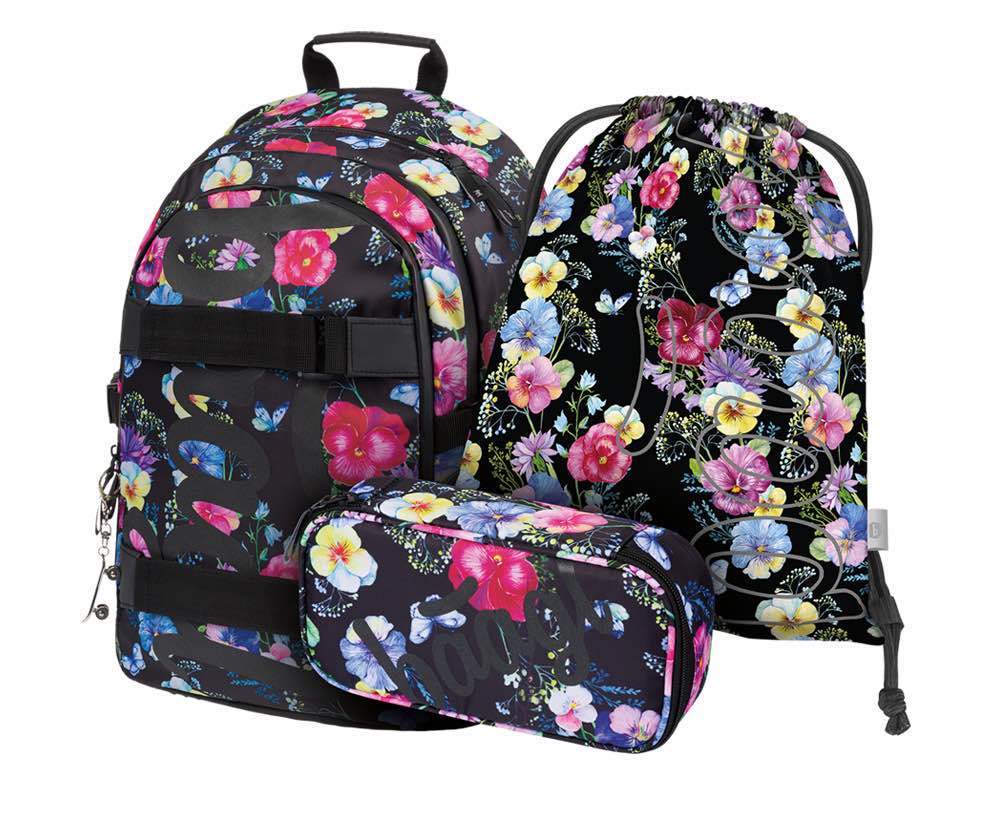 Skate Flowers Rucksack-Set 3tlg: Rucksack, Federmäppchen, Turnbeutel