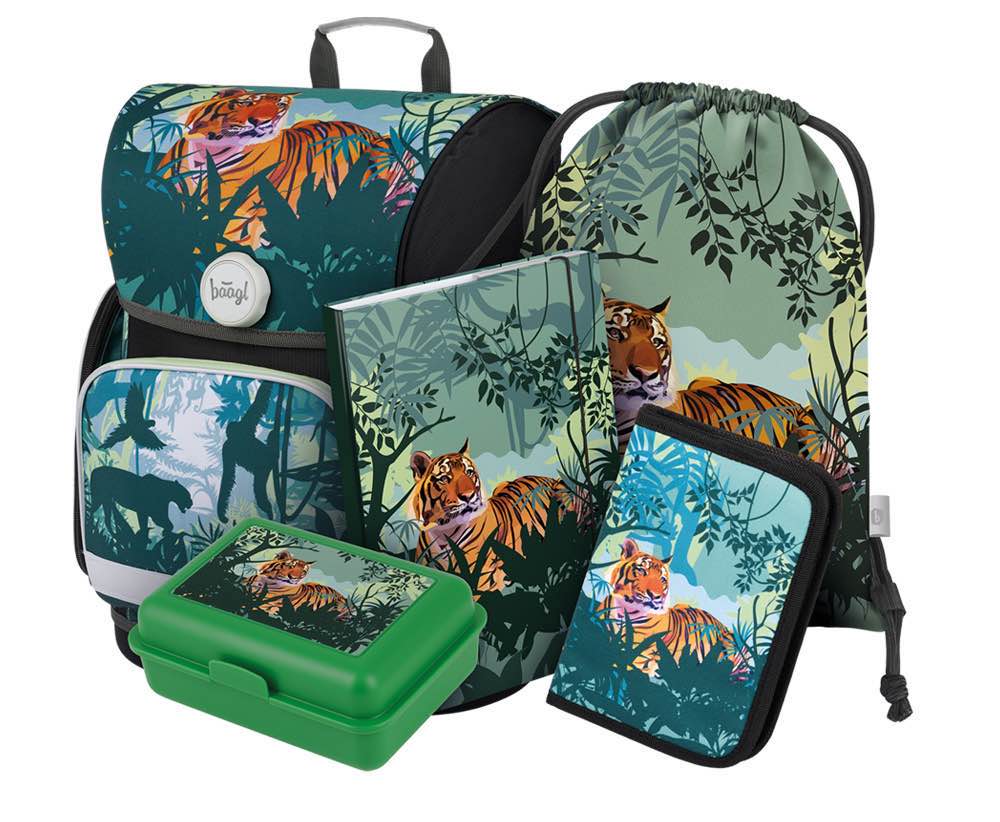 Ergo Tiger Schulranzen-Set 5tlg: Schulranzen, Federmäppchen, Turnbeutel, Heftmappe, Brotdose