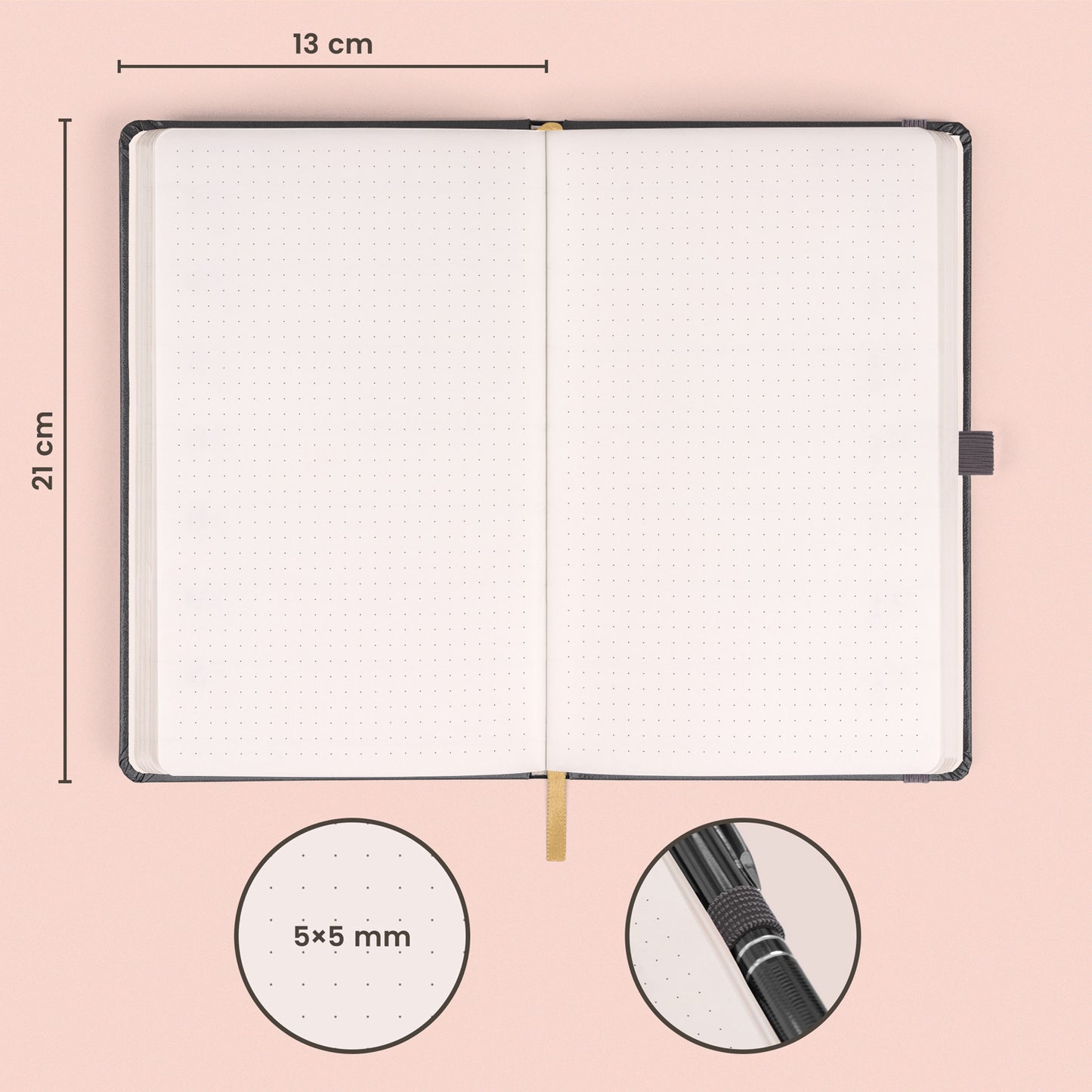 Notizbuch Grau, gepunktet, 13 × 21 cm