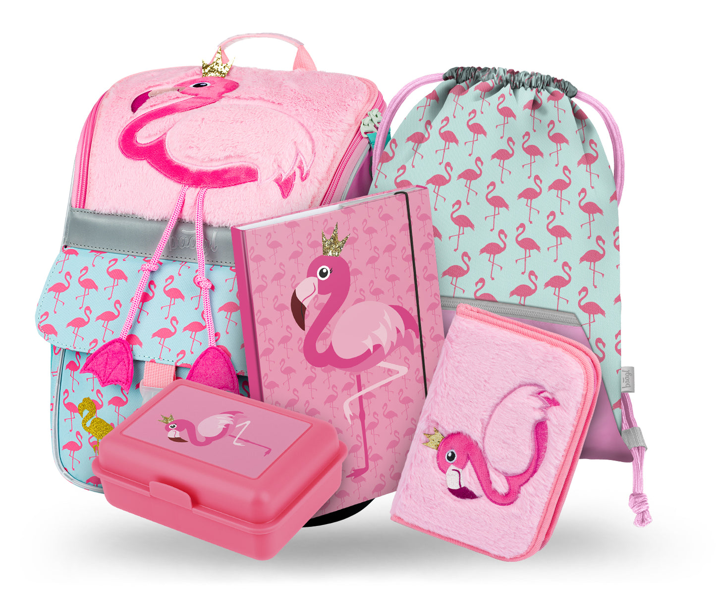 Zippy Flamingo Schulranzen-Set 5tlg: Schulranzen, Federmäppchen, Turnbeutel, Brotdose, Heftmappe