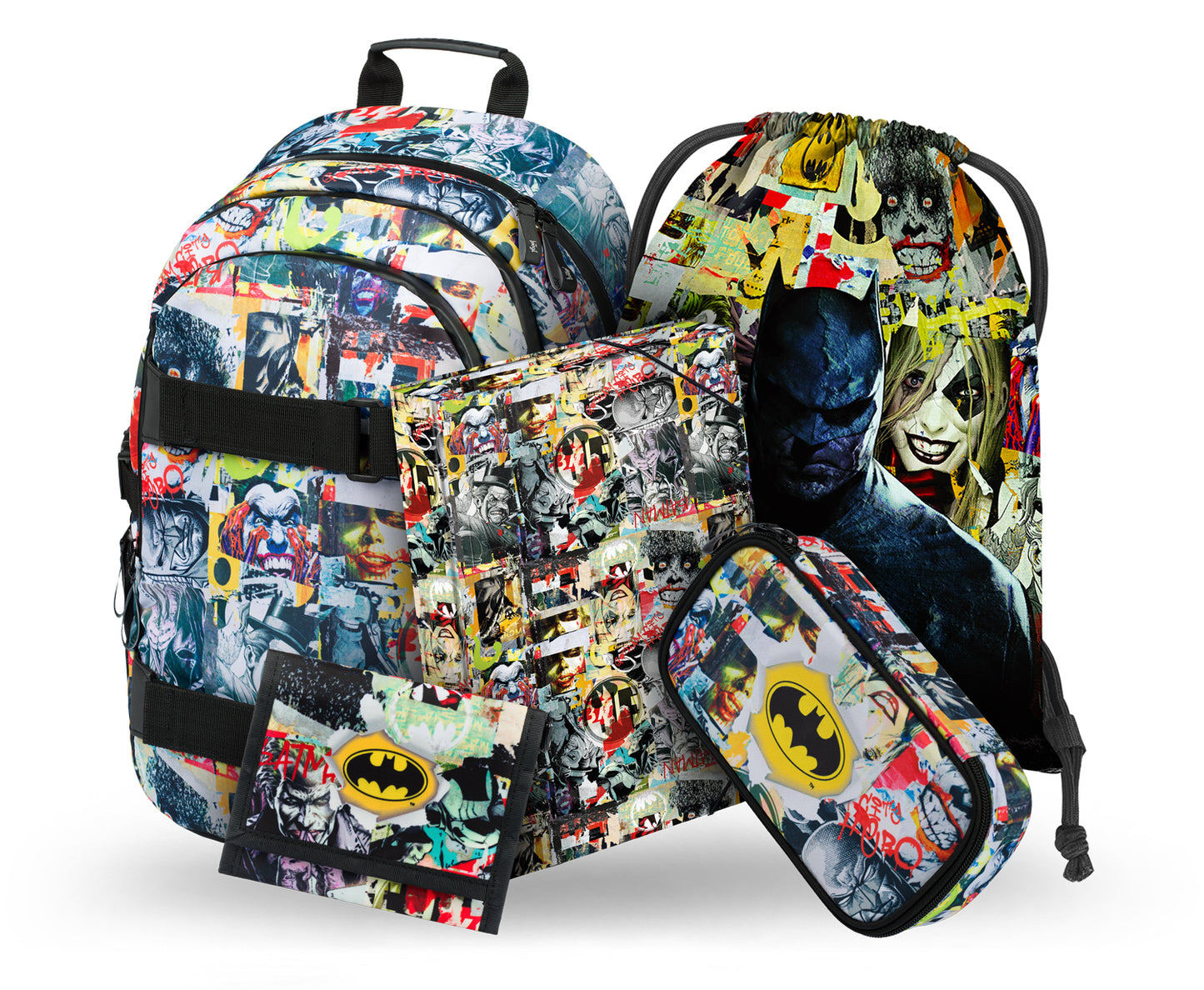 Skate Batman Comics Rucksack-Set 5tlg: Rucksack, Federmäppchen, Turnbeutel, Geldbörse, Heftmappe