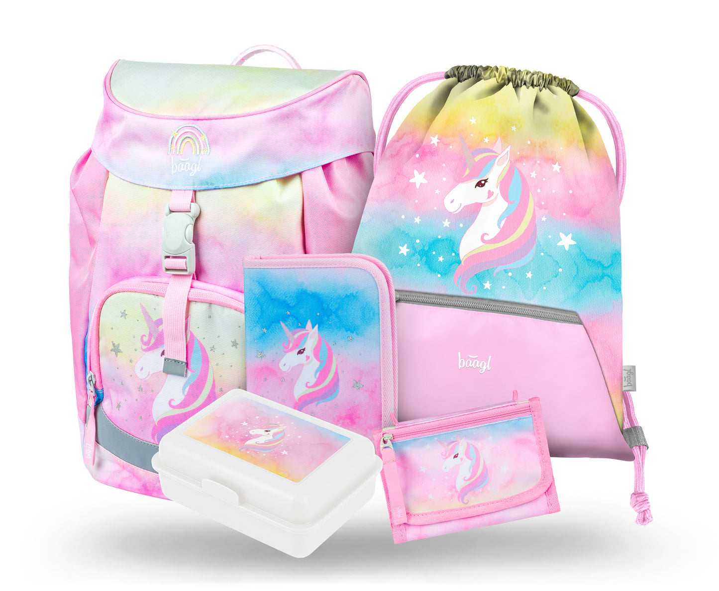 Airy Rainbow Unicorn Rucksack-Set 5tlg: Schulranzen, Federmäppchen, Turnbeutel, Geldbeutel, Brotdose
