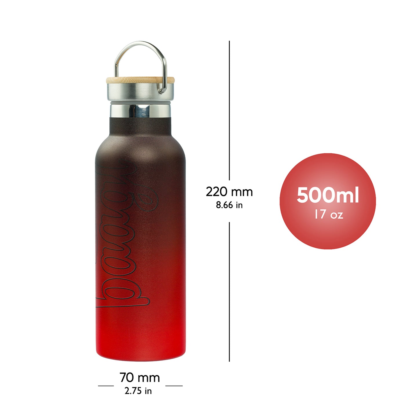 Thermoflasche mit Bambusdeckel Gradient rot-schwarz, 500 ml