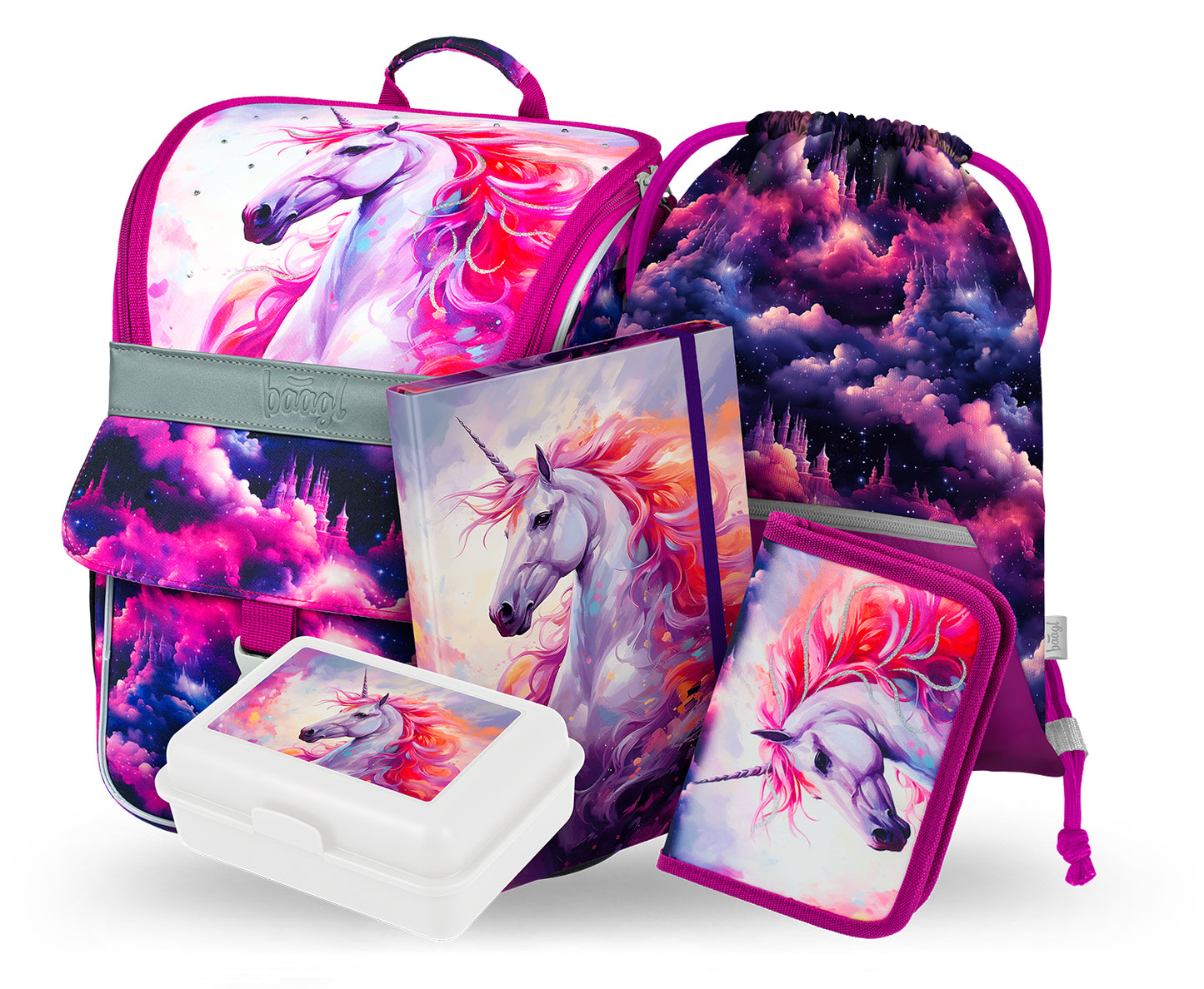 Zippy Königliches Einhorn Schulranzen-Set 5tlg: Schulranzen, Federmäppchen, Turnbeutel, Heftmappe, Brotdose