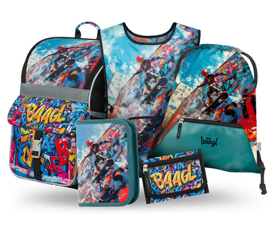 Zippy Skatepark Schulranzen-Set 5tlg: Schulranzen, Federmäppchen, Turnbeutel, Schürze, Geldbeutel