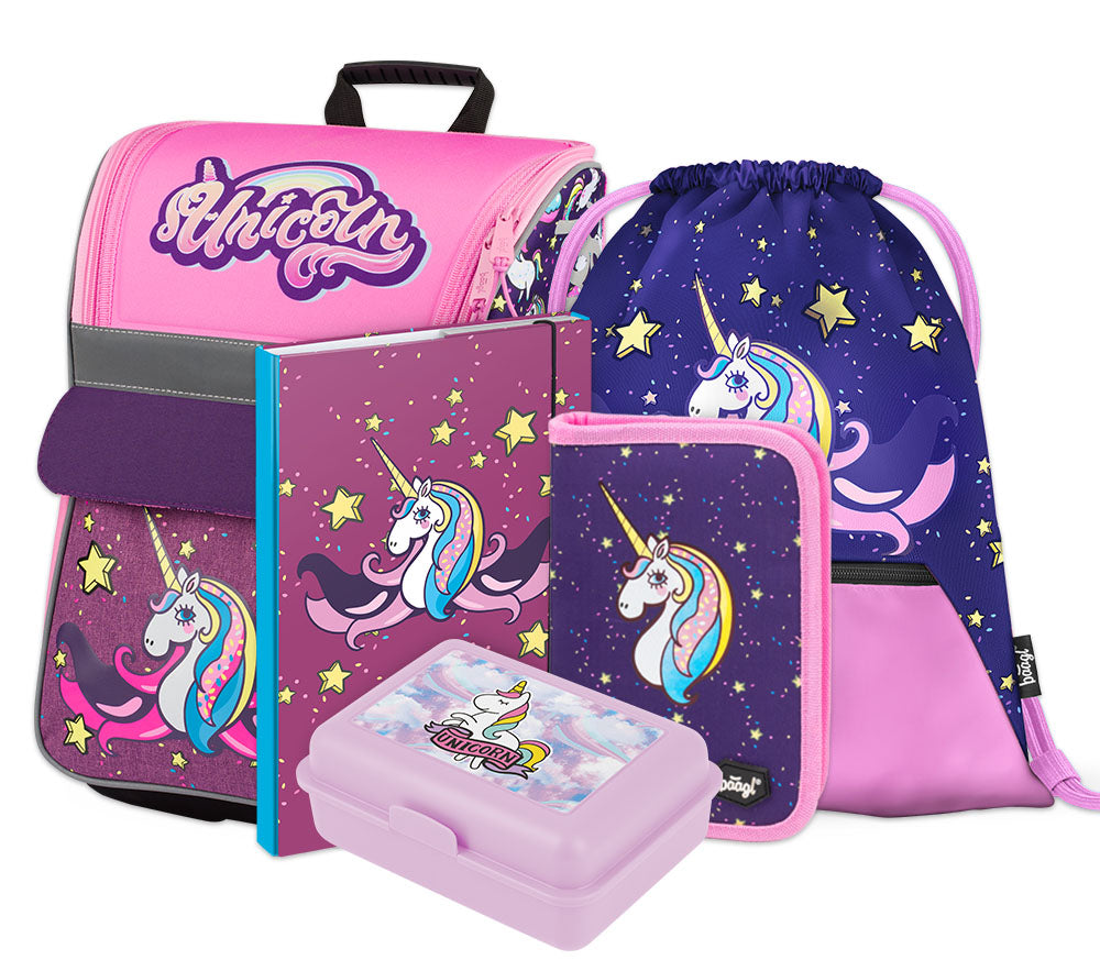 Unicorn Schulranzen-Set 5tlg: Schulranzen, Federmäppchen, Turnbeutel, Brotdose, Heftmappe