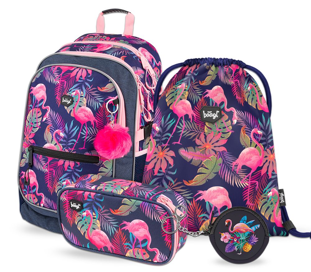 Flamingo Schulranzen-Set 4tlg: Schulranzen, Federmäppchen, Turnbeutel, Geldbeutel