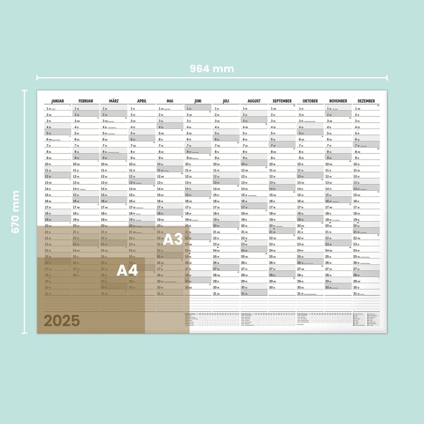 Jahreskalender in Schwarzweiß 2025, B1, 96,4 x 67 cm
