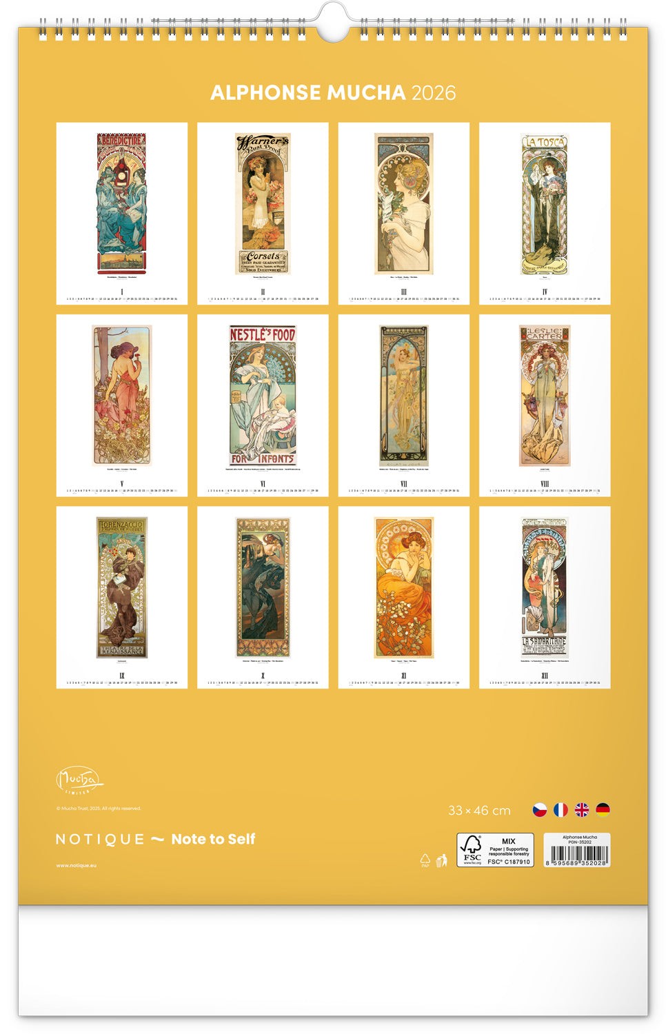 Wandkalender Alfons Mucha 2026, 33 x 46 cm