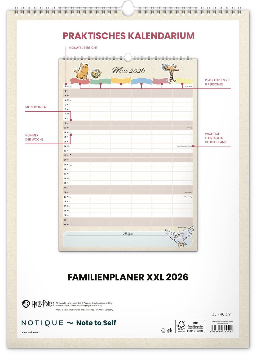 Familienplaner Harry Potter 2026, 33 × 46 cm