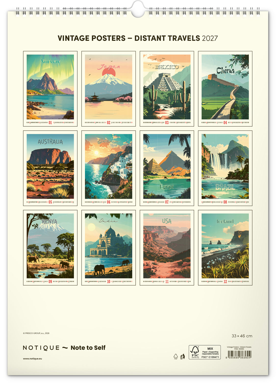 Wandkalender Vintage-Plakate – Ferne Länder 2027, 33 x 46 cm