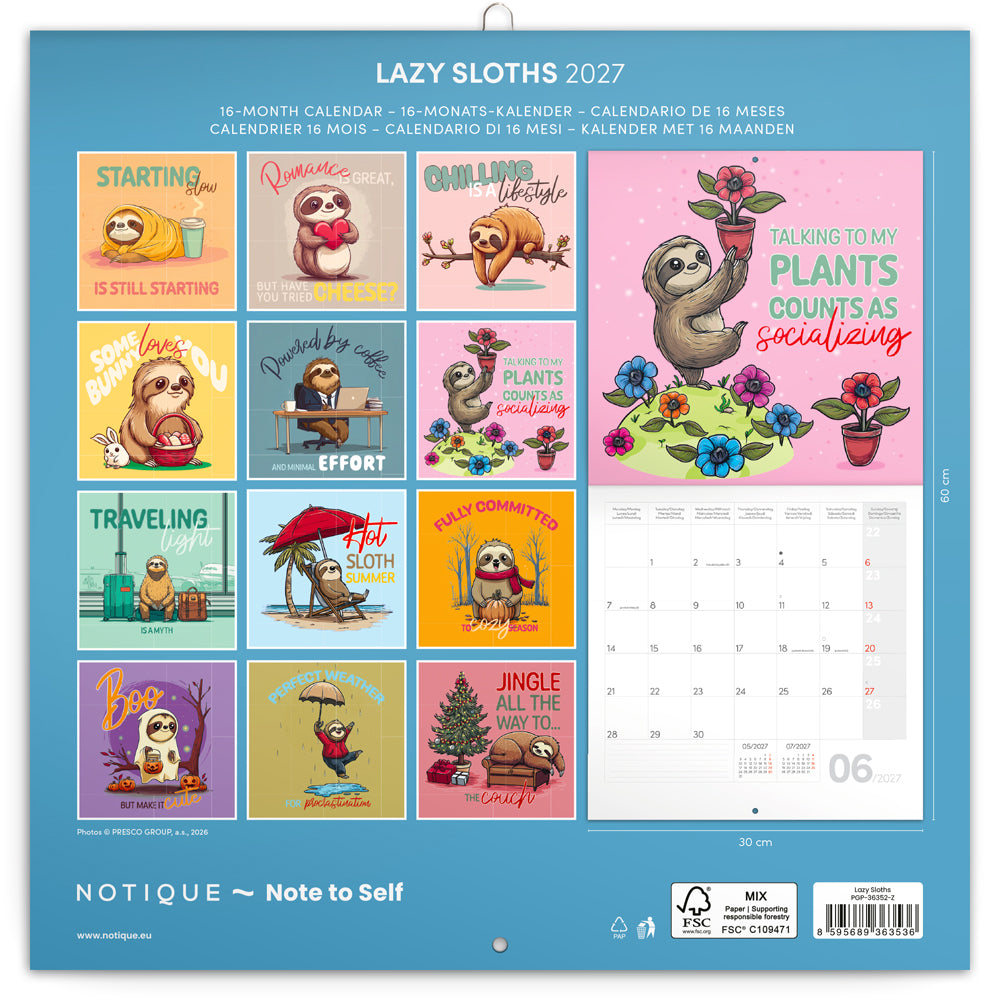 Broschürenkalender Lazy Sloths 2027, 30 x 30 cm