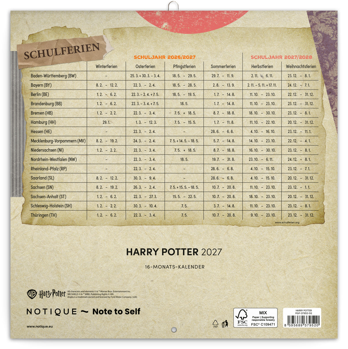 Notizkalender Harry Potter 2027, 30 x 30 cm