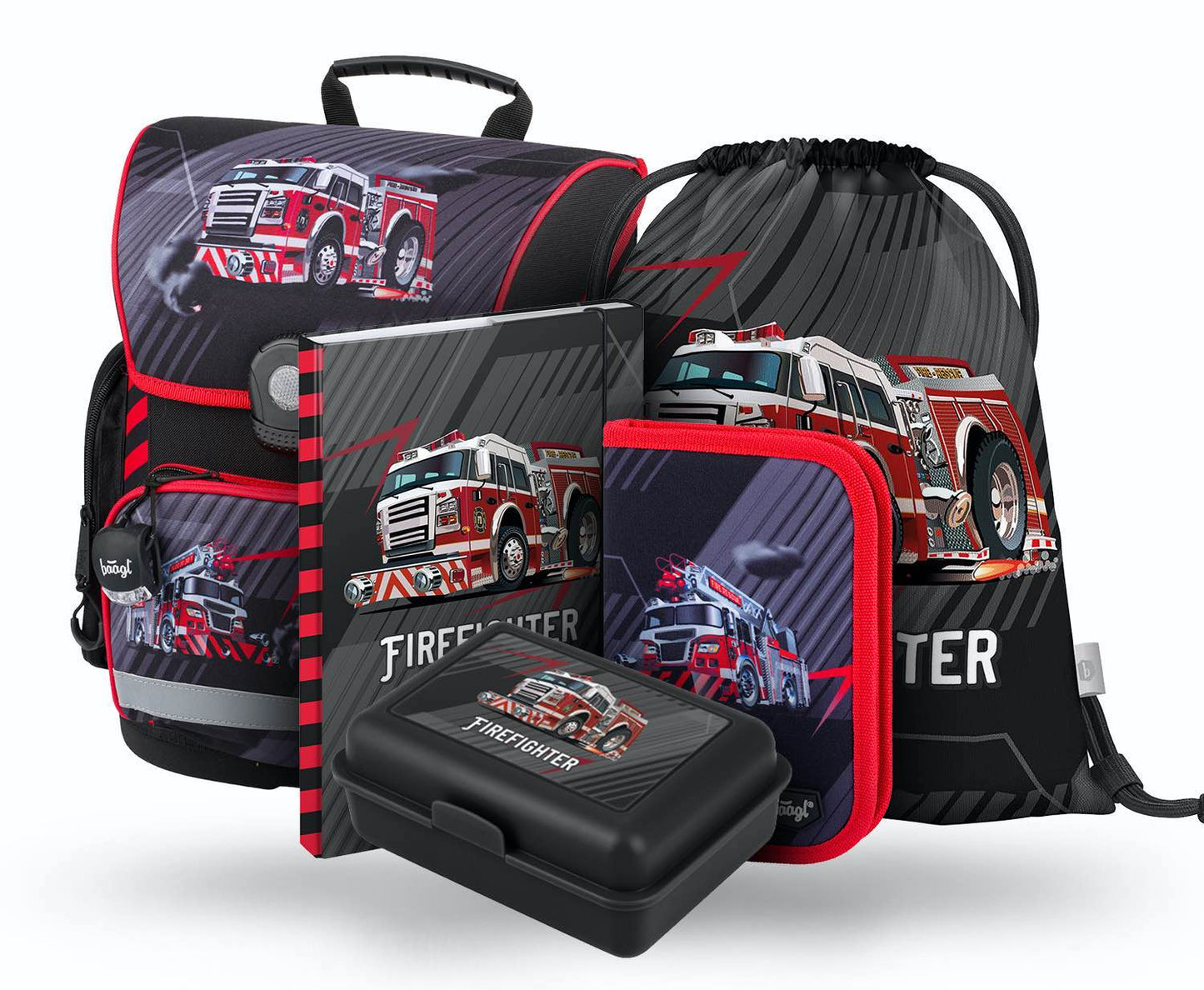 Feuerwehr Schulranzen-Set 5tlg: Schulranzen, Federmäppchen, Turnbeutel, Brotdose, Heftmappe