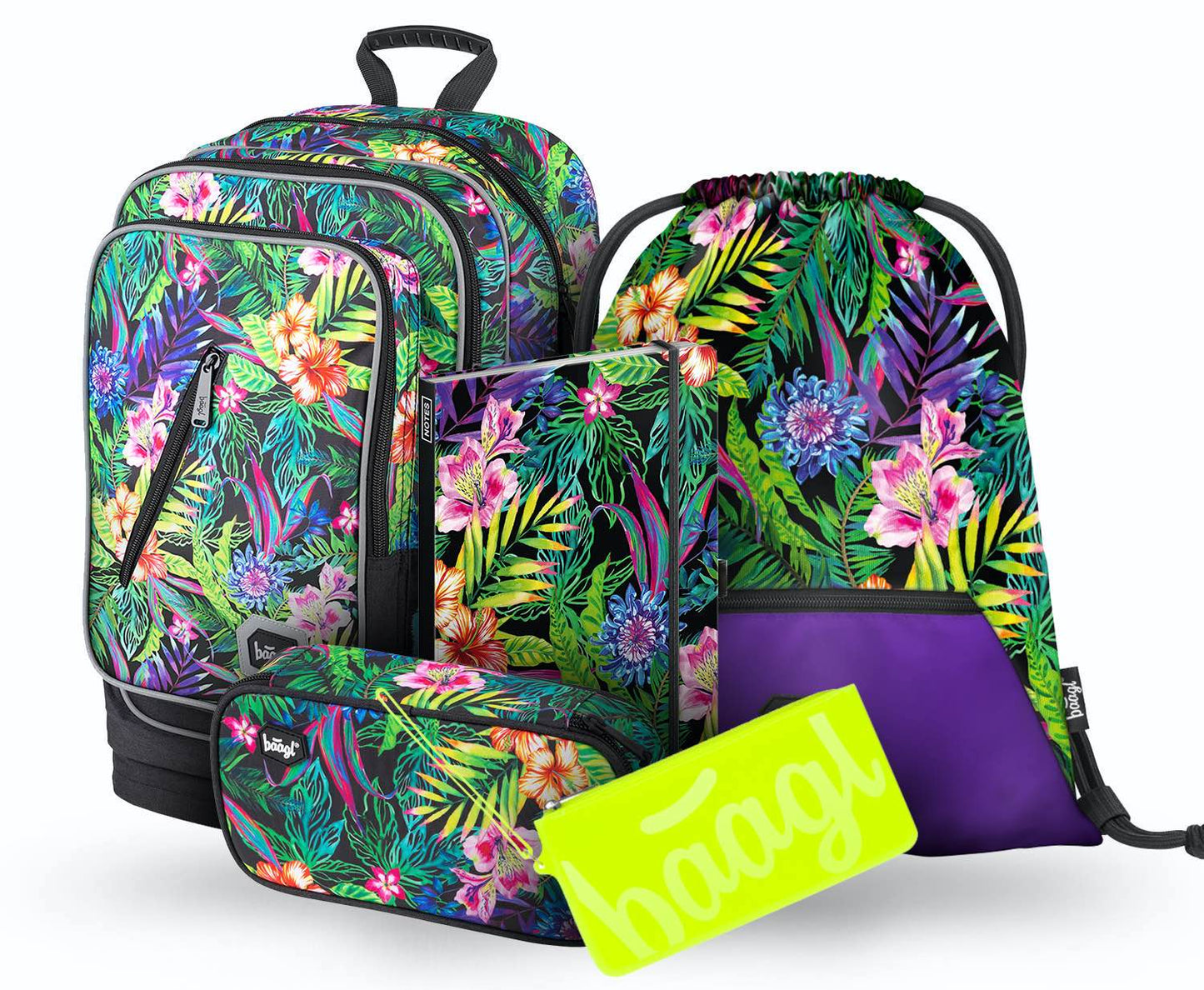 Cubic Tropical Rucksack-Set 5tlg: Rucksack, Federmäppchen, Turnbeutel, Notizbuch, Silikon-Etui