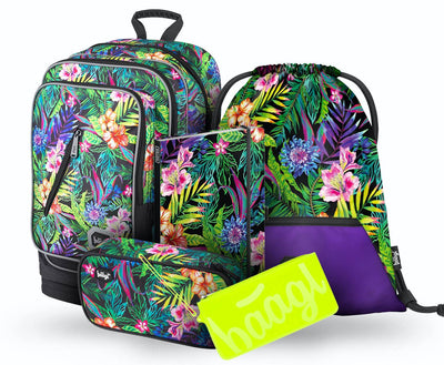 Cubic Tropical Rucksack-Set 5tlg: Rucksack, Federmäppchen, Turnbeutel, Notizbuch, Silikon-Etui