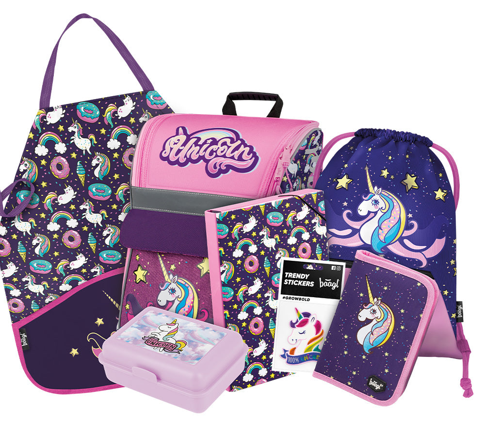 Zippy Unicorn Schulranzen-Set 7tlg: Schulranzen, Federmäppchen, Turnbeutel, Heftmappe, Brotdose, Schürze, Sticker