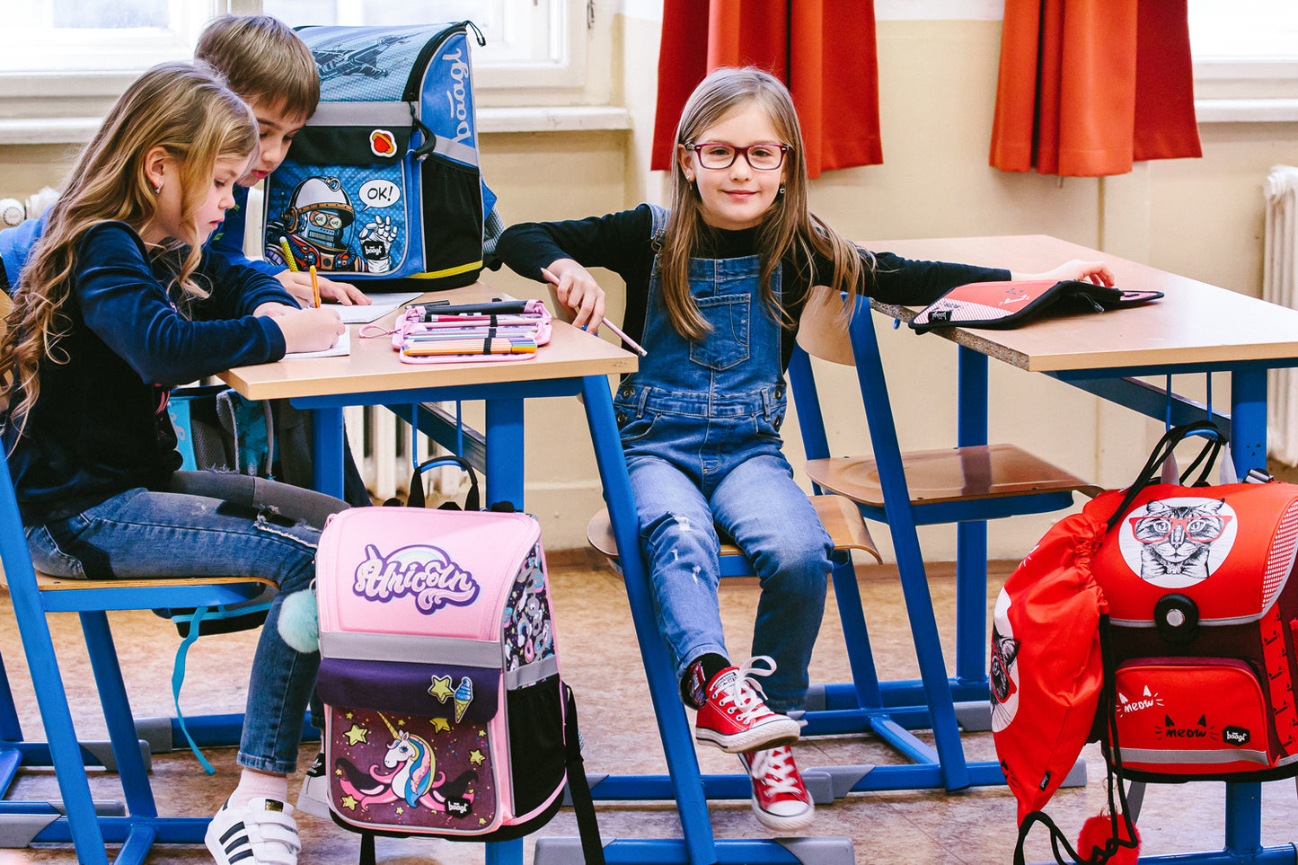 Katzen Schulranzen-Set 7tlg: Schulranzen, Federmäppchen, Turnbeutel, Heftmappe, Brotdose, Schürze, Hängeorganizer