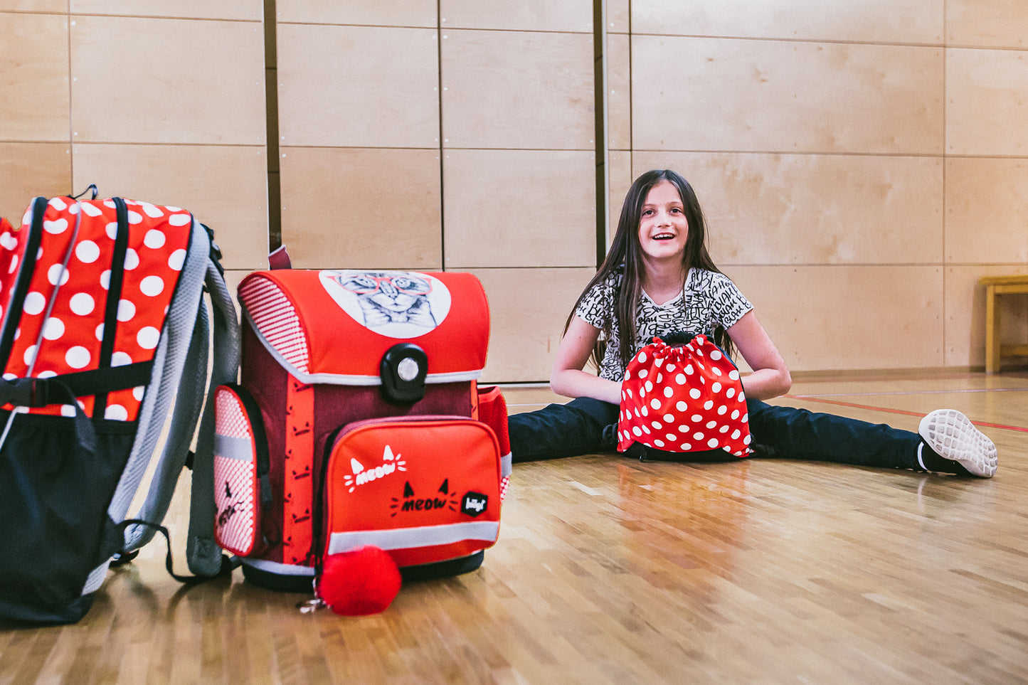 Katzen Schulranzen-Set 7tlg: Schulranzen, Federmäppchen, Turnbeutel, Heftmappe, Brotdose, Schürze, Hängeorganizer