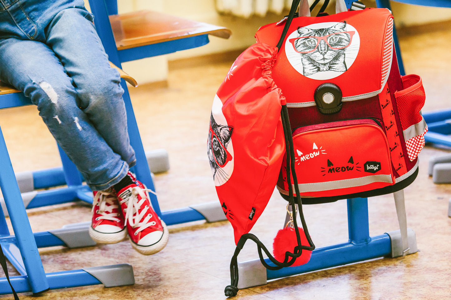 Katzen Schulranzen-Set 7tlg: Schulranzen, Federmäppchen, Turnbeutel, Heftmappe, Brotdose, Schürze, Hängeorganizer