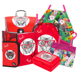 Katzen Schulranzen-Set 7tlg: Schulranzen, Federmäppchen, Turnbeutel, Heftmappe, Brotdose, Schürze, Hängeorganizer
