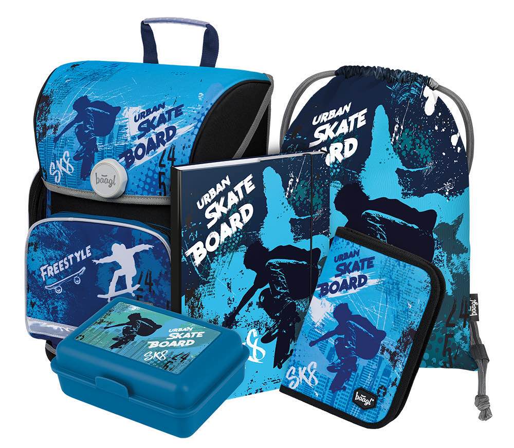 Ergo Skateboard Schulranzen-Set 5tlg: Schulranzen, Federmäppchen, Turnbeutel, Heftmappe, Brotdose
