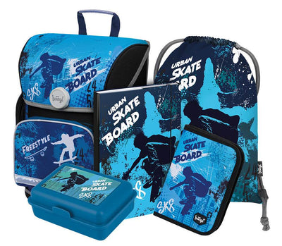 Ergo Skateboard Schulranzen-Set 5tlg: Schulranzen, Federmäppchen, Turnbeutel, Heftmappe, Brotdose