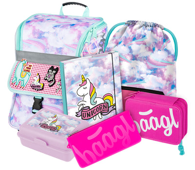 Zippy Regenbogen Schulranzen-Set 6tlg: Schulranzen, Federmäppchen 2-fach, Turnbeutel, Heftmappe, Brotdose, Silikon-Etui