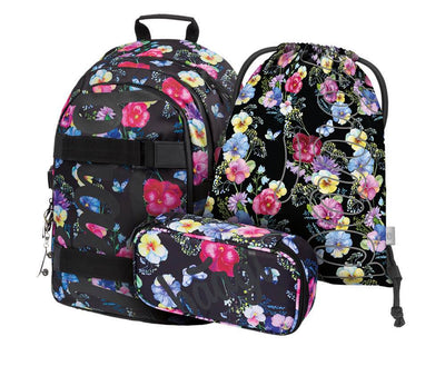 Skate Flowers Rucksack-Set 3tlg: Rucksack, Federmäppchen, Turnbeutel