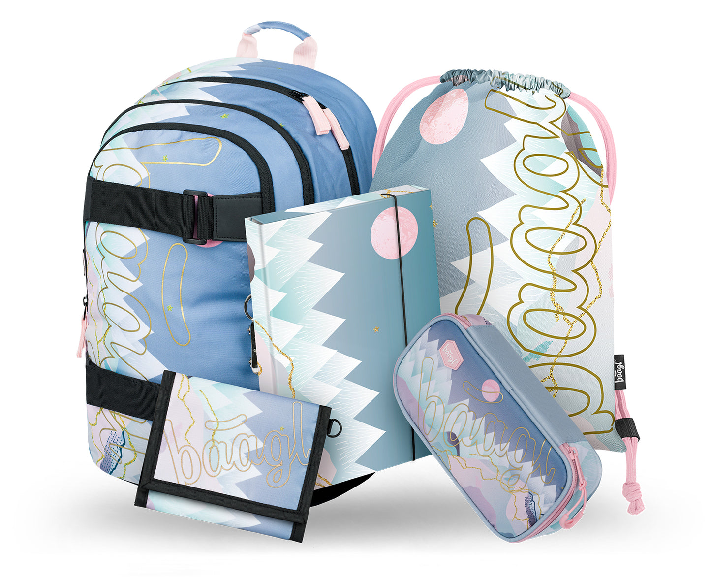 Skate Moon Rucksack-Set 5tlg: Rucksack, Federmäppchen, Turnbeutel, Geldbörse, Heftmappe