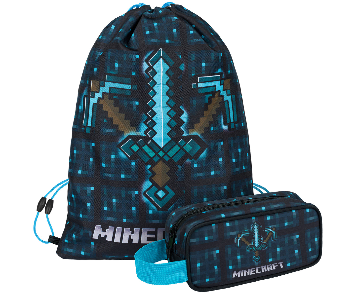 MINECRAFT 2 SET Blaue Axt und Schwert: Mäppchen, Tasche