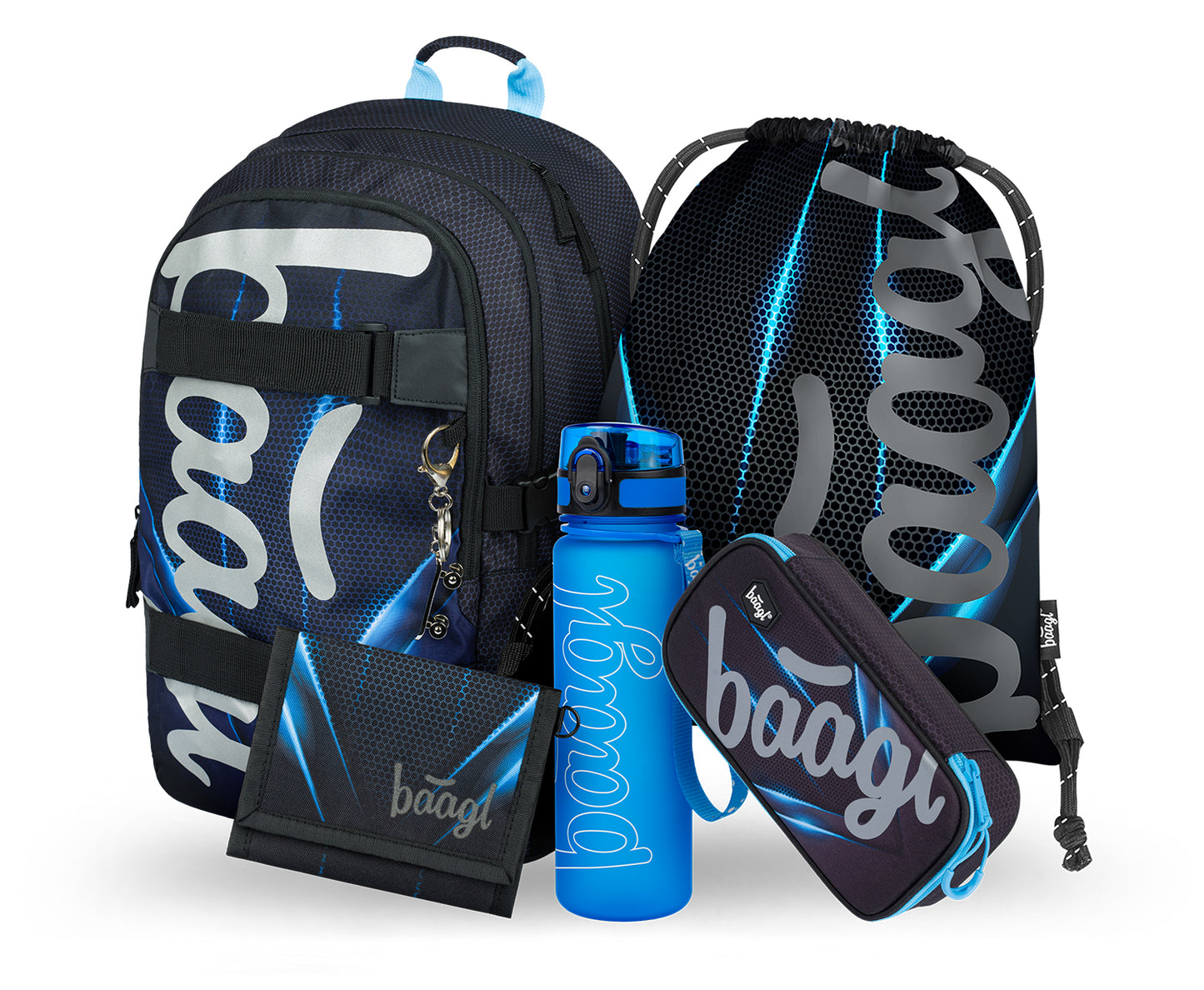 Skate Bluelight Rucksack-Set 5tlg: Rucksack, Federmäppchen, Turnbeutel, Geldbörse, Heftmappe