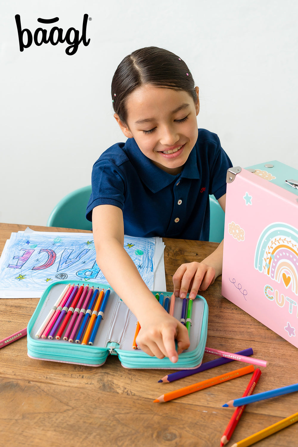 Federmäppchen 3-Fach Regenbogen Rosa