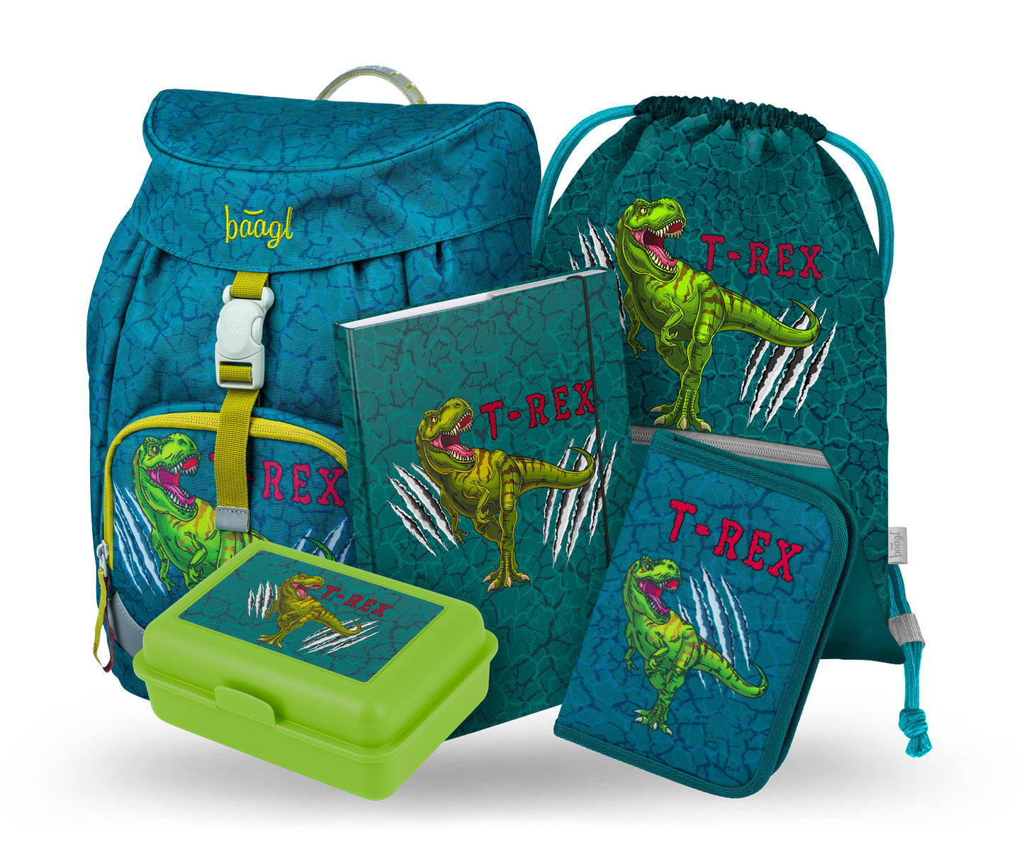 Airy T-REX Rucksack-Set 5tlg: Schulranzen, Federmäppchen, Turnbeutel, Geldbeutel, Brotdose