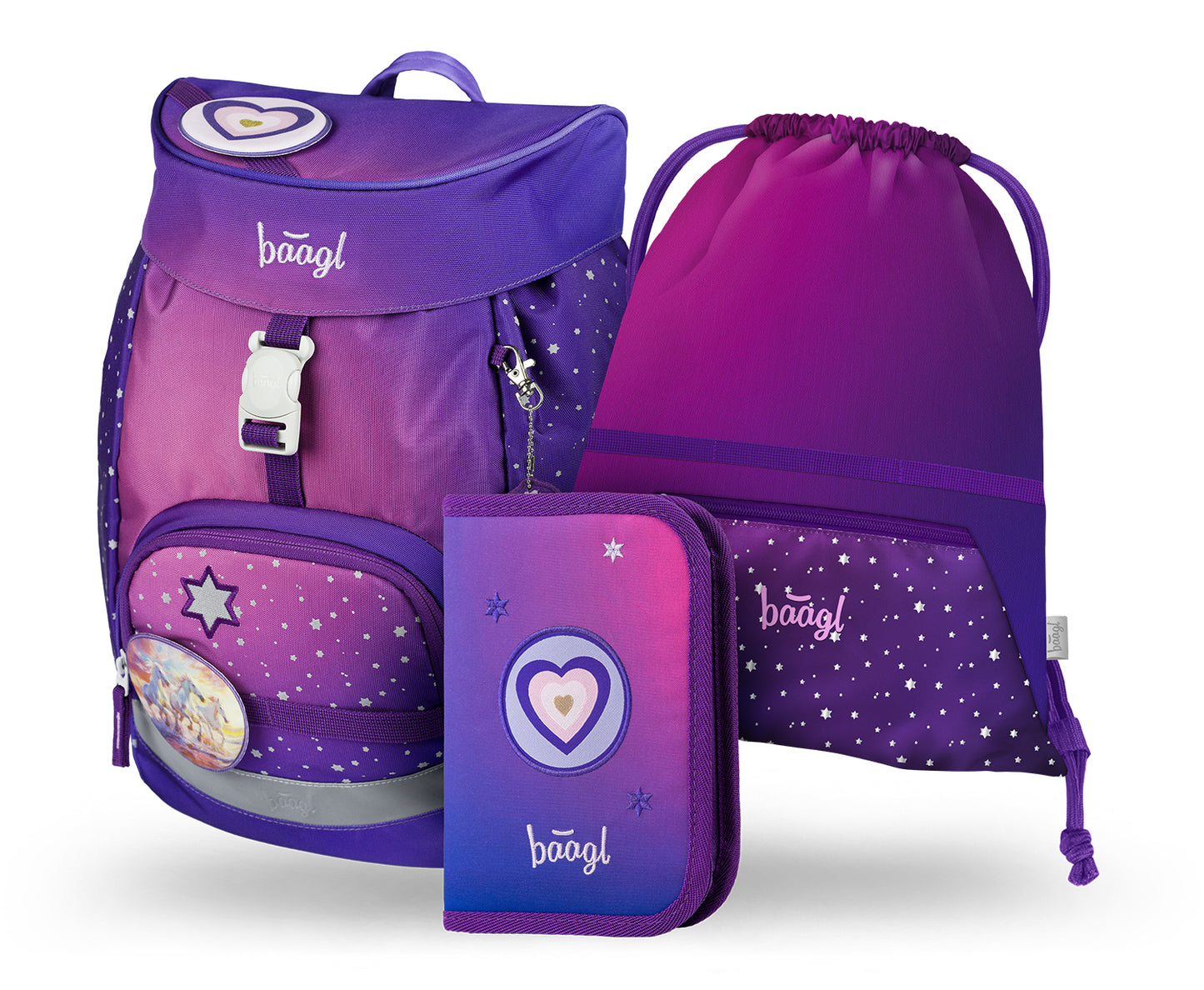 AIRY Pferde-Herz Rucksack-Set 3tlg: Rucksack, Federmäppchen, Turnbeutel