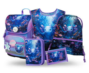 Ergo Axolotl Schulranzen-Set 5tlg: Schulranzen, Federmäppchen, Turnbeutel, Schürze, Geldbeutel