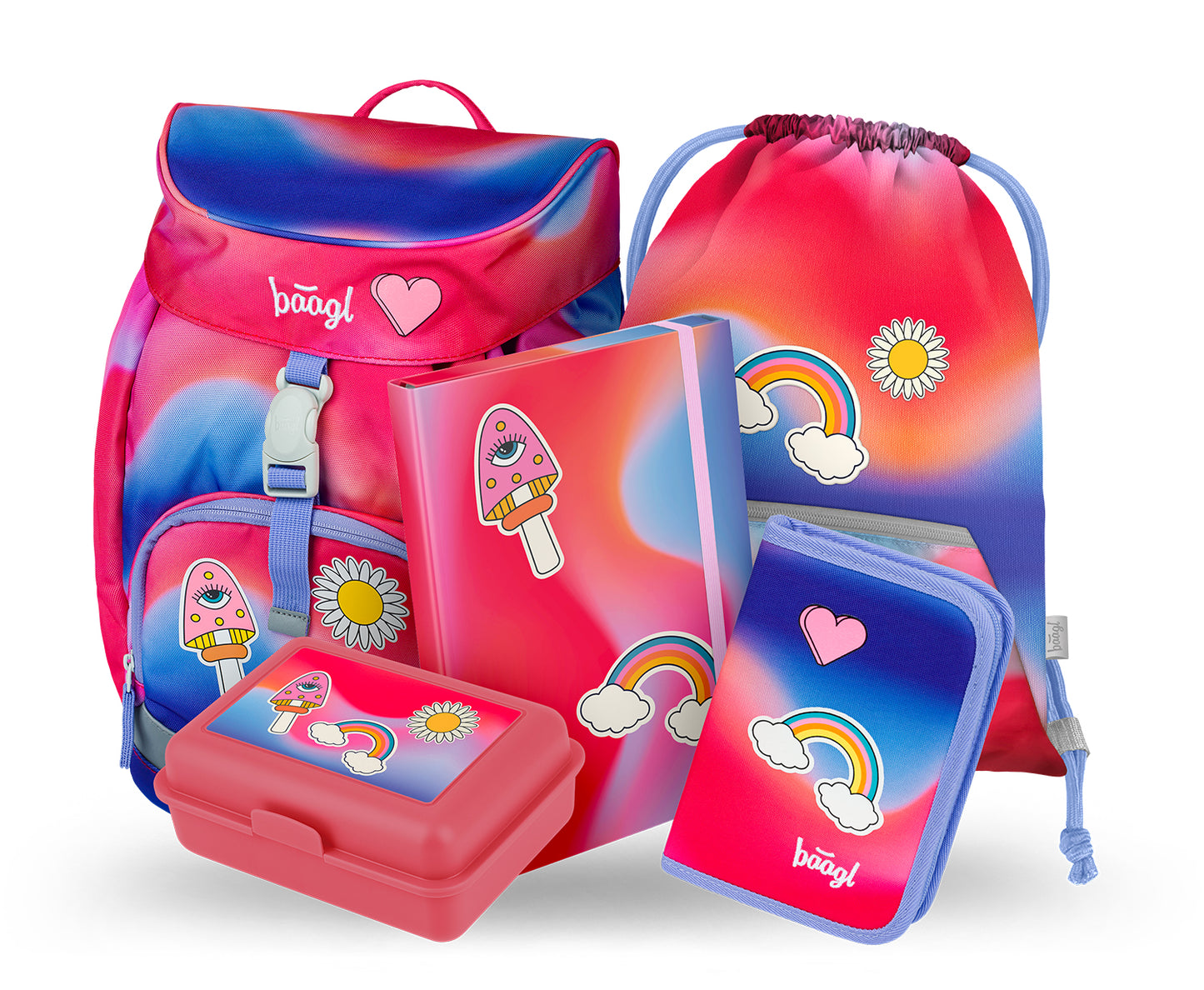 Airy Rainbow Rot Rucksack-Set 5tlg: Rucksack, Federmäppchen, Turnbeutel, Heftmappe, Brotdose