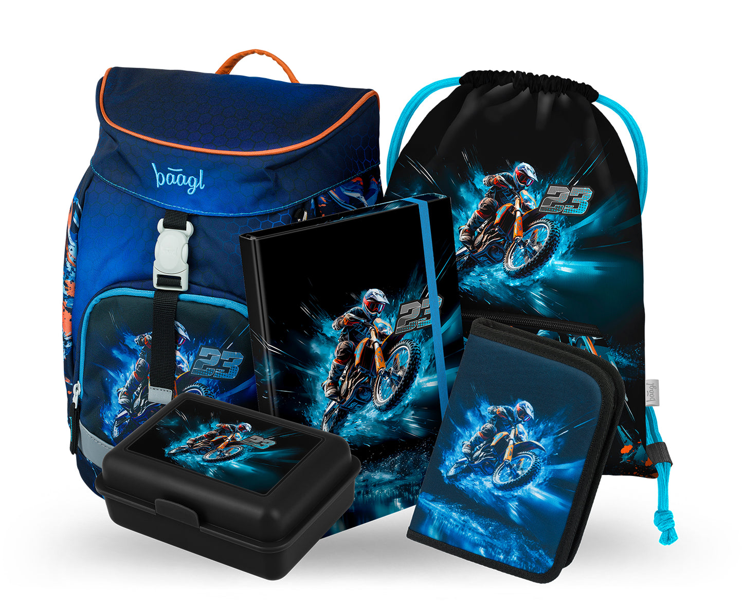 Airy Motorrad Rucksack-Set 5tlg: Rucksack, Federmäppchen, Turnbeutel, Heftmappe, Brotdose