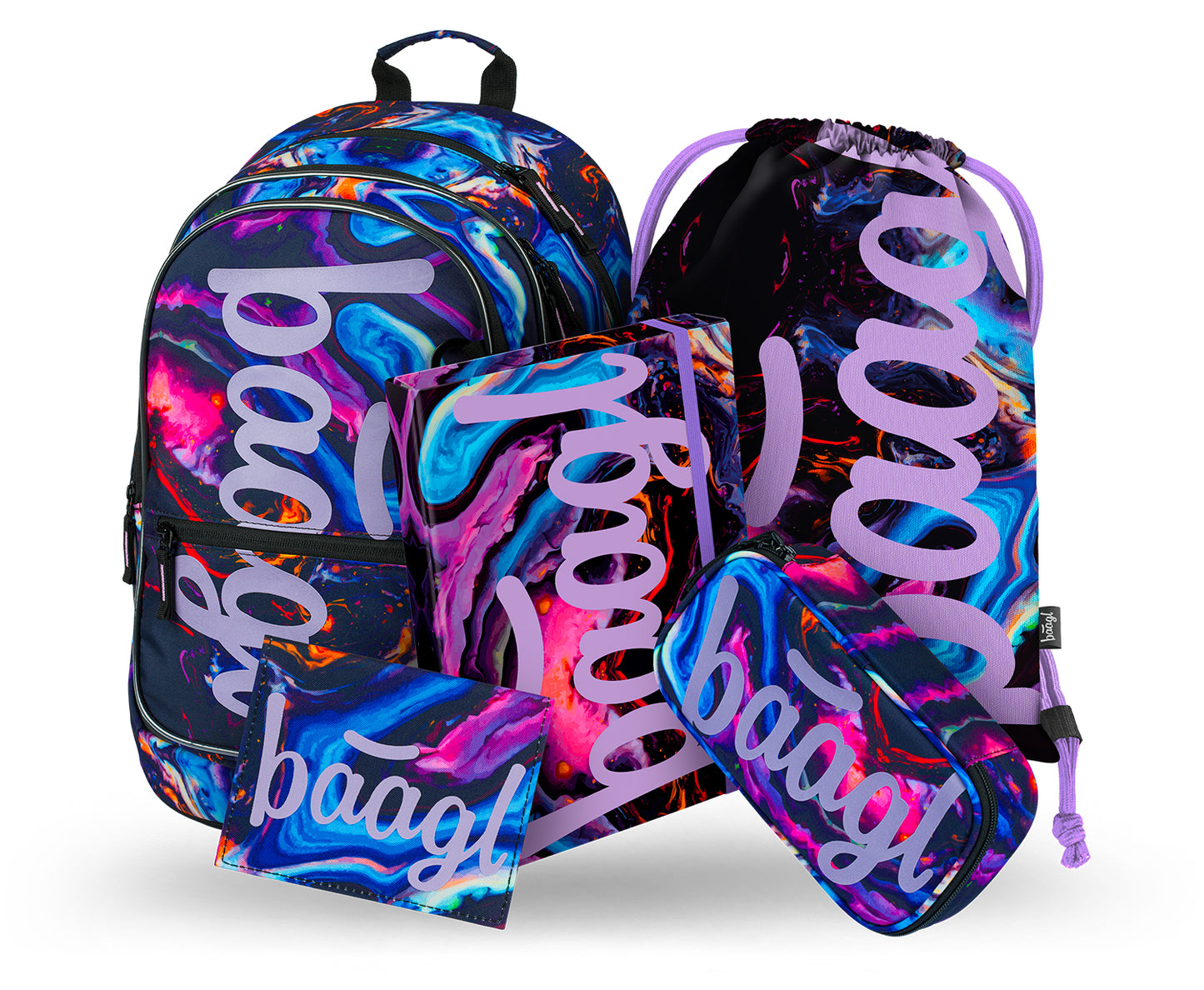 Core Marble Rucksack-Set 5tlg: Rucksack, Federmäppchen, Turnbeutel, Geldbörse, Heftmappe