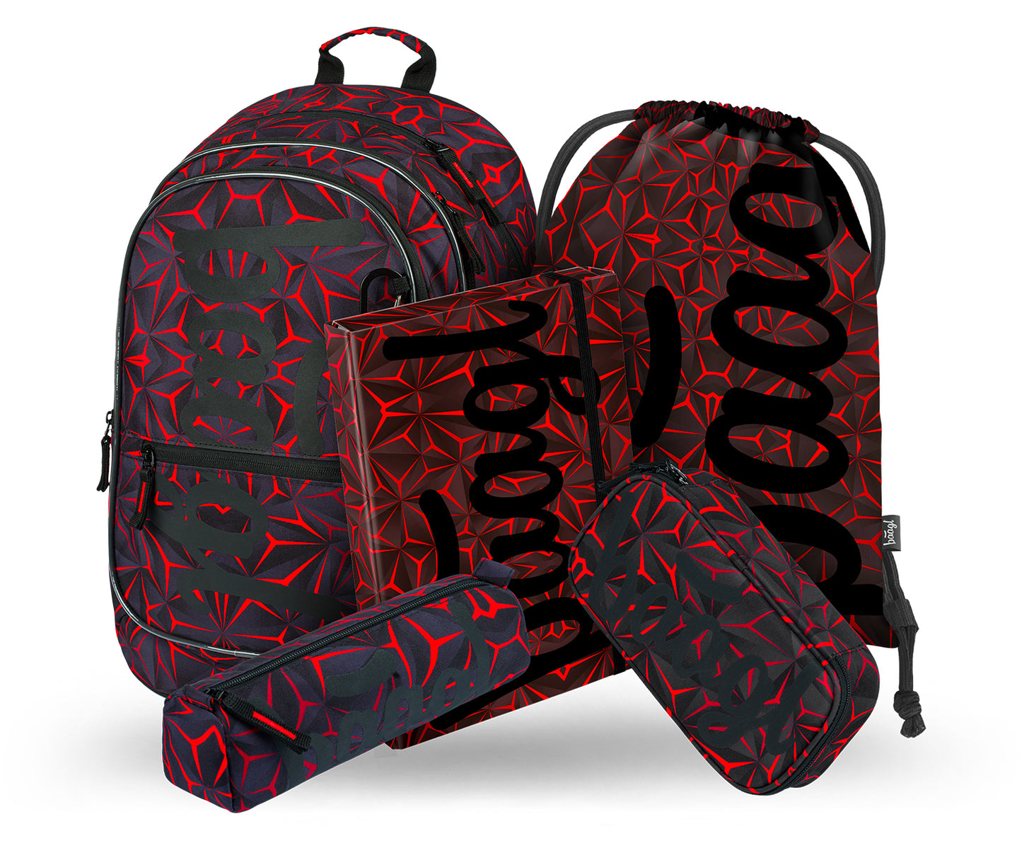 Core Red Polygon Rucksack-Set 5tlg: Rucksack, Federmäppchen, Turnbeutel, Schlampermäppchen, Heftmappe