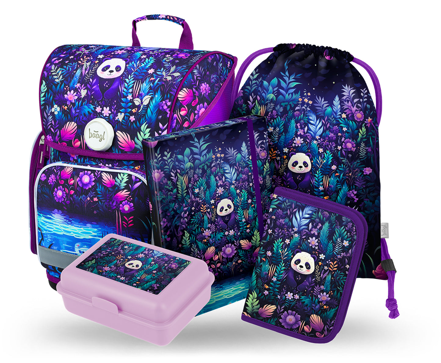 Ergo Jungle Panda Schulranzen-Set 5tlg: Schulranzen, Federmäppchen, Turnbeutel, Heftmappe, Brotdose