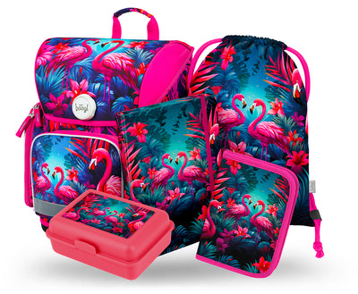 Ergo Flamingos Schulranzen-Set 5tlg: Schulranzen, Federmäppchen, Turnbeutel, Heftmappe, Brotdose