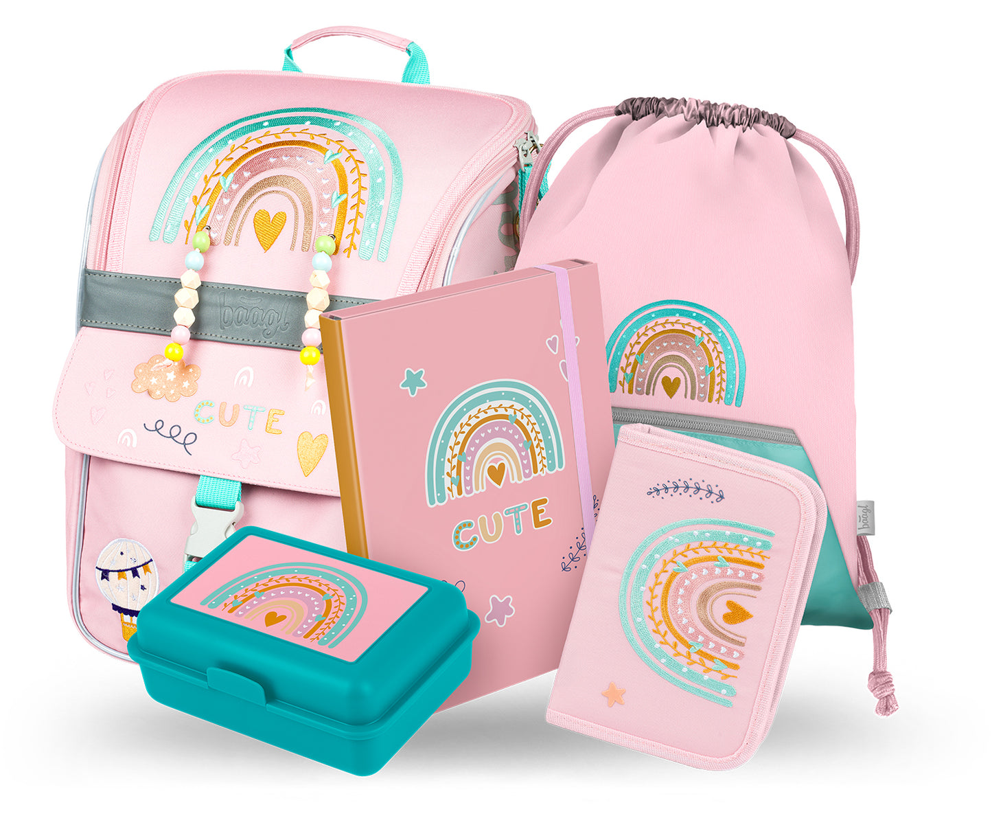 Zippy Regenbogen Rosa Schulranzen-Set 5tlg: Schulranzen, Federmäppchen, Turnbeutel, Heftmappe, Brotdose