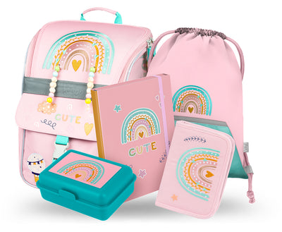 Zippy Regenbogen Rosa Schulranzen-Set 5tlg: Schulranzen, Federmäppchen, Turnbeutel, Heftmappe, Brotdose