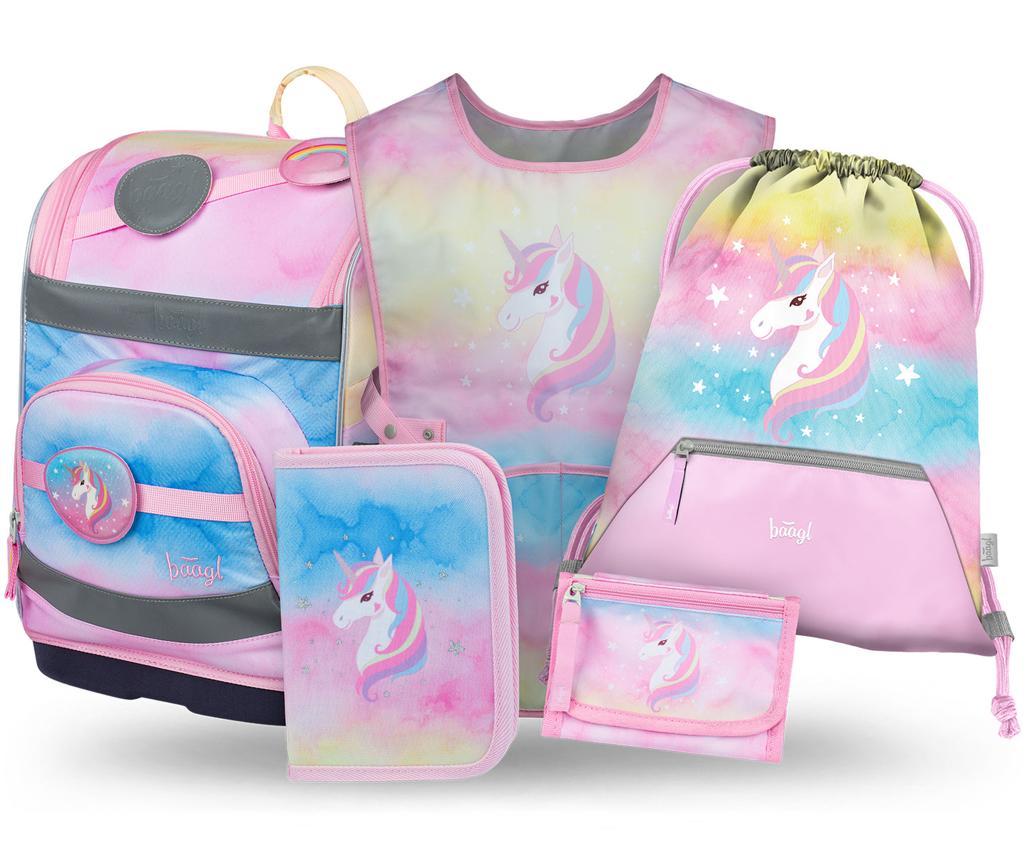 Zippy Regenbogen Einhorn Schulranzen-Set 5tlg: Schulranzen, Federmäppchen, Sportbeutel, Schürze, Geldbeutel