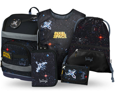 Zippy Pixel Space Schulranzen-Set 5tlg: Schulranzen, Federmäppchen, Turnbeutel, Schürze, Geldbeutel