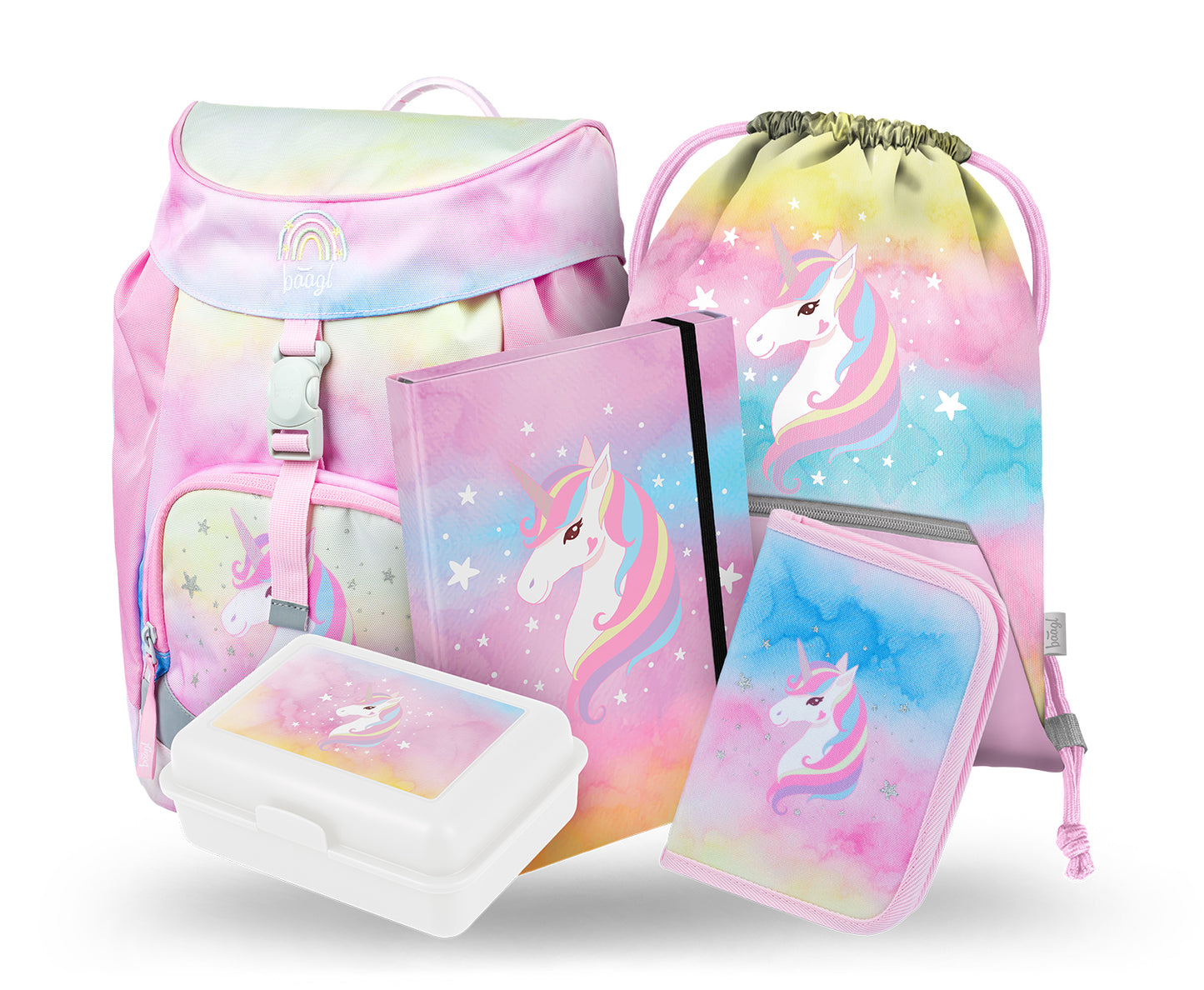Airy Rainbow Unicorn Rucksack-Set 5tlg: Schulranzen, Federmäppchen, Turnbeutel, Geldbeutel, Brotdose