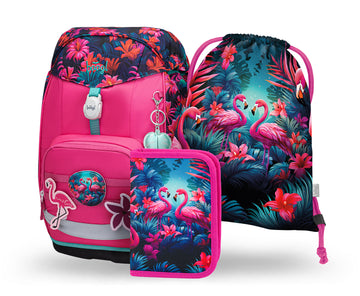 Airy Plus Flamingos Schulrucksack-Set 3tlg.: Schulrucksack, Federmäppchen, Turnbeutel